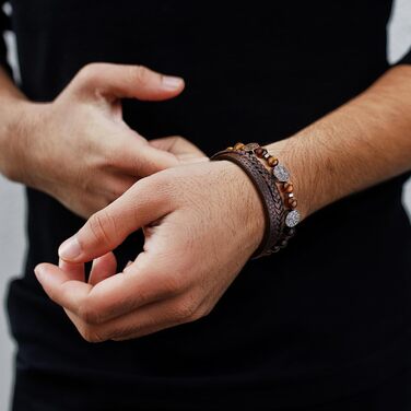 Чоловічий браслет Dochais з нержавіючої сталі та натуральної шкіри з хрестом Ісуса Христа, плетіння з натурального каменю, магнітна застібка, аксесуар для чоловіків (колір: коричневий, розмір: 19 см)