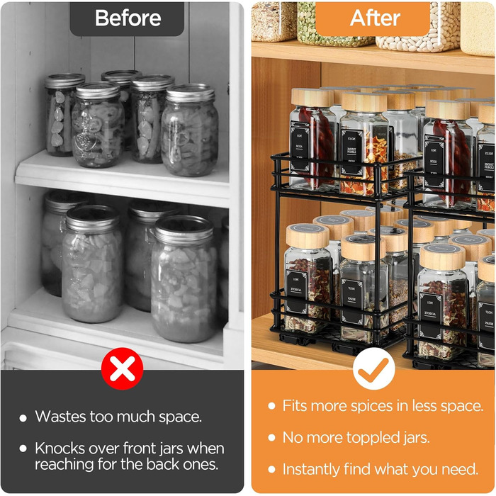 VINATO Висувна полиця для спецій на 2 яруси – органайзер для кухні з роликовими направляючими, підставка для спецій у шафку, полиця для спецій без свердління (26x15x21,8 см)