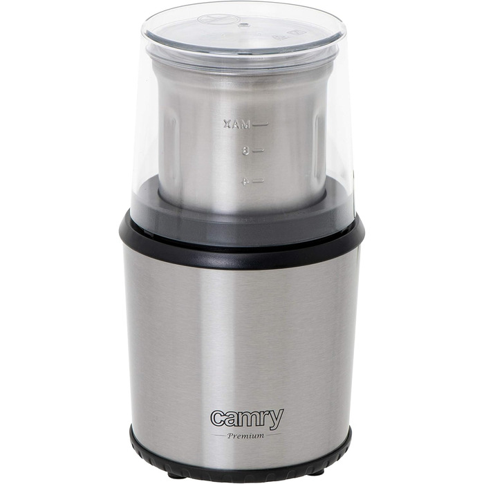 CAMRY CR 4444 Coffee Grinder with Safety Lid, 75g Capacity, 400W, Stainless Steel Housing, Safe Electric Grinder with Spoon, Electric Propeller Grinder with Transparent Lid, Silver
