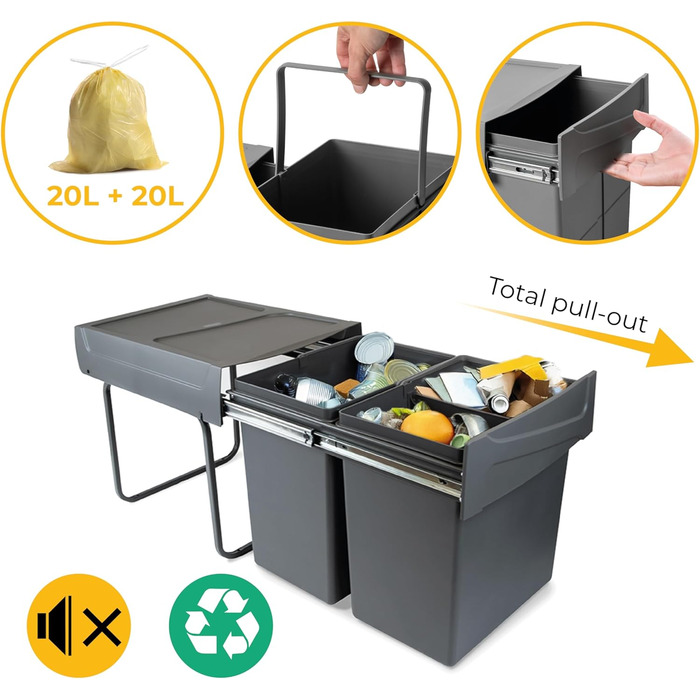 Відро для сміття кухонне Emuca з підвісною системою, 2 висувні контейнери по 20 л, загальний об'єм 40 л (2 x 20 л), сталь та пластик, антрацитовий колір