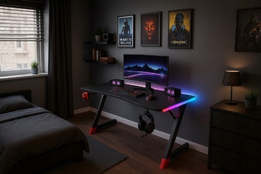 Ігровий комп'ютерний стіл з LED-підсвіткою, сучасний геймерський стіл, 140 см, чорний