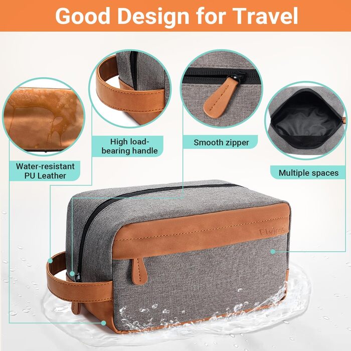 Чоловіча дорожня сумка Elviros для подорожей, набір для туалету, з великою місткістю, водонепроникна, з PU-шкіри, сірого кольору