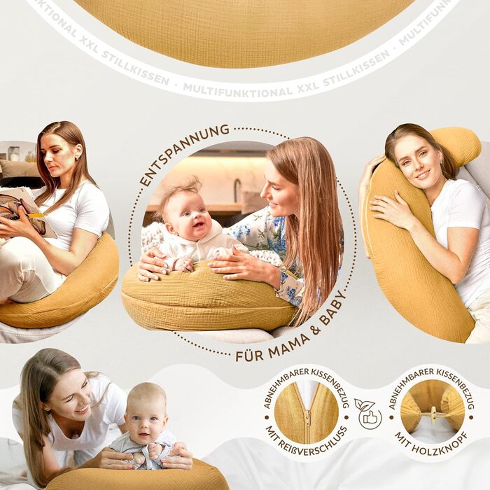 Подушка для годування sei Design XXL 190x30 з мусліновою наволочкою, ергономічна, для вагітних, для сну на боці, комфортна подушка для дорослих, наволочка з 100% бавовни [органічна бавовна] (Муслін Бернштайн, подушка для годування 190x30)