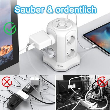 Многорозеткова смуга з USB, 8 розеток, з вимикачем, 4000W/16A, захист від перенапруги, білий кабель 2м