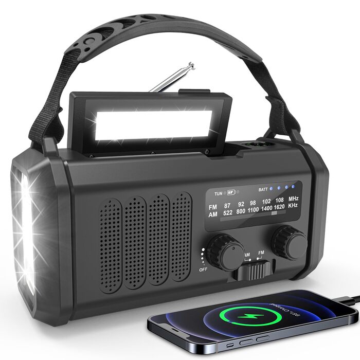 Радіо Solar Radio на сонячних батареях з ручним заводом AM/FM, Powerbank 20000mAh, ліхтарик LED, SOS-сигнал, USB-C зарядка для телефону, чорне – для кемпінгу та активного відпочинку