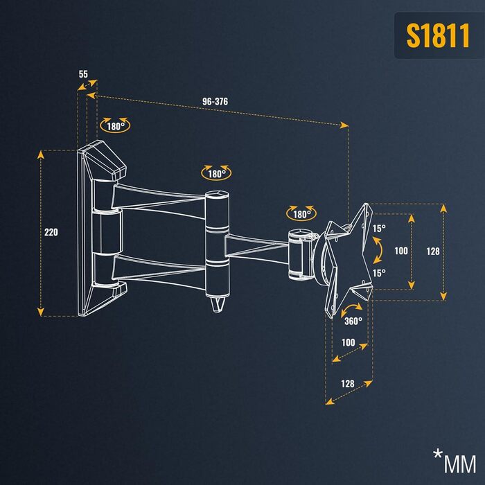 Кріплення для монітора RICOO S1711/S1811: настінна підставка для монітора 13-34 дюймів (з поворотом та нахилом) VESA 75/100 мм