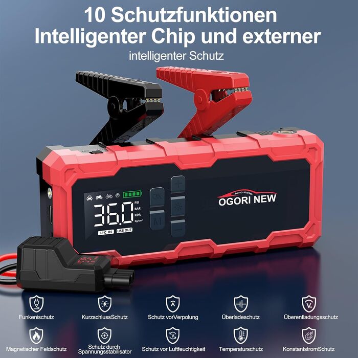 Powerbank з компресором та пусковим пристроєм Starthilfe 6000A, 12V, LED ліхтарик, для 8L бензину/10L дизеля