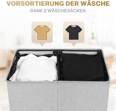 SOLEDI 145L Laundry Basket, Laundry Hamper with 2 Compartments and Lid and 2 Laundry Bags - Laundry Sorter Large XXXL For Bathroom, Bedroom, Laundry Room, Children's Room - 2 x 72.5L Grey