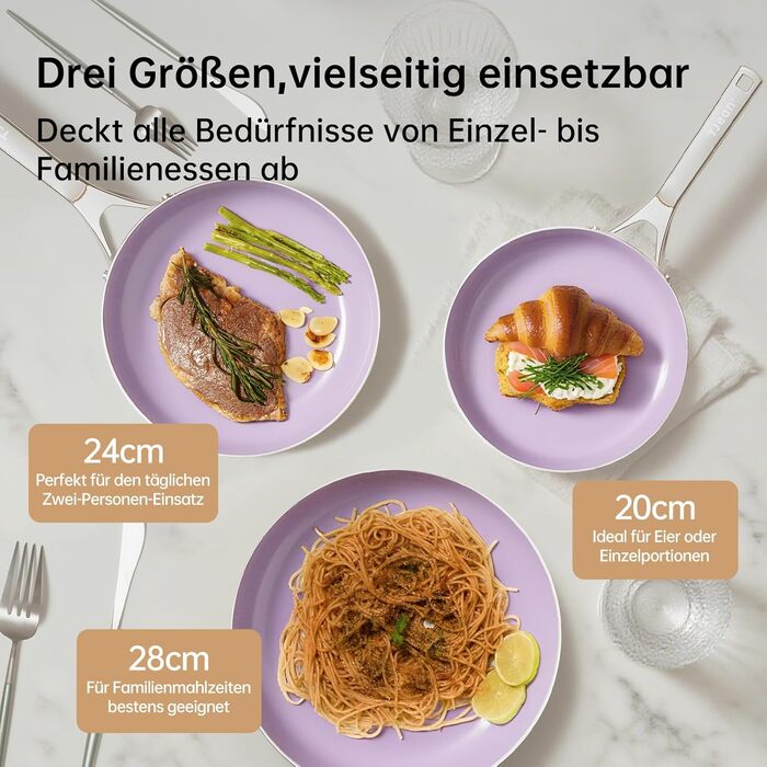 Набір антипригарних сковорідок Tjean з керамічним покриттям (без PTFE, PFOA, PFAS) з нержавіючою ручкою, підходить для індукційних, газових, електричних плит та духовки до 280°C (фіолетовий, 20+24+28 см)