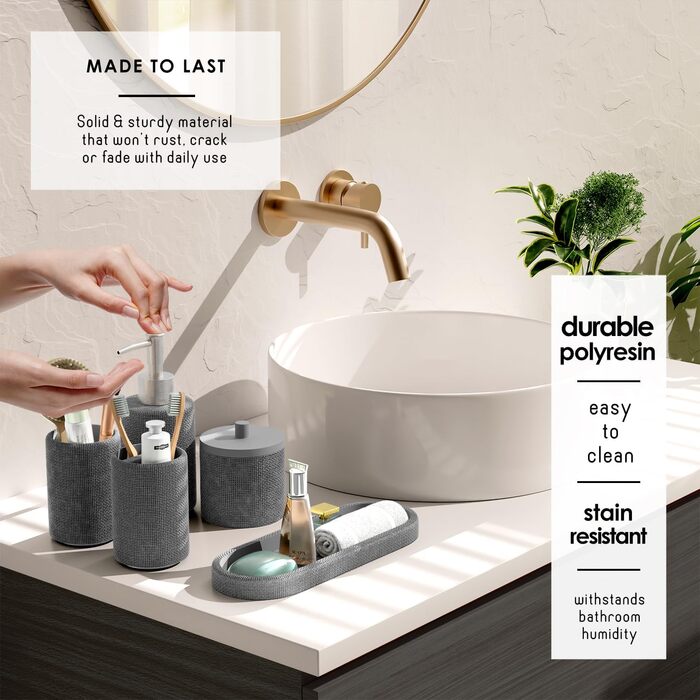 Набір для ванної кімнати Clara Clark – 5-ти частинний набір аксесуарів для ванної кімнати, салатовий колір, себорер, тримач для зубних щіток, склянка, контейнер для ватних паличок та піднос для косметики