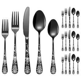 Набір столових приборів Xiaoyu 20 предметів, чорний, з дизайном черепів, готичний, нержавіюча сталь, на 4 особи. Столові прибори на Хелловін