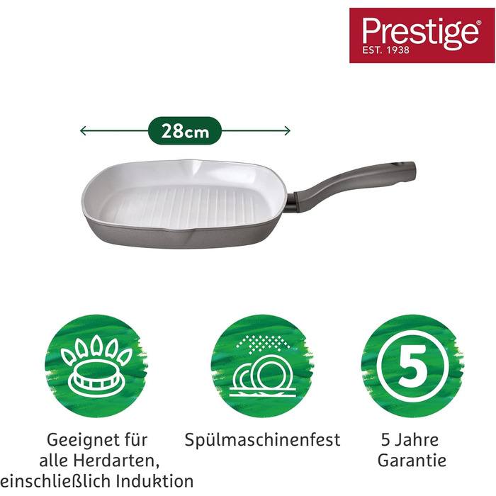 Prestige Earth Pan Grill Pan Induction - 28cm Pan - Non-Stick Pan, Recycled & Recyclable, Non-Toxic, Dishwasher Safe, Easy-Grip Handles, Grill Pan 28cm
