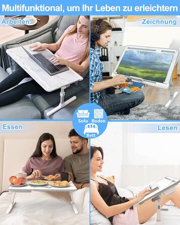 Столик для ноутбука Potuopy з регулюванням висоти та кута нахилу, X-Large, для роботи, читання та їжі на ліжку/софі, 60*40 см, білий мармур
