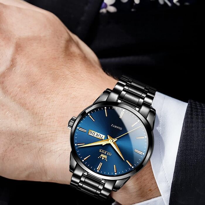 Чоловічий годинник OLEVS Скелетон з кварцовим механізмом, сталевий ремінець, водонепроникний, спортивний стиль (6898 чорний/синій)