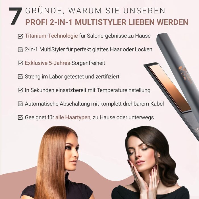 2-in-1 Hair Straightener & Curling Wand - Control Rose Gold - 5 Year Warranty