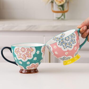 superyes Large Coffee Mug Set, 4 Pieces, Coffee Mug Set for Tea, Milk, Latte, Cappuccino, Cereal, Hot Chocolate, Soup, Gift for Friends, Family, 425 ml (Flower)