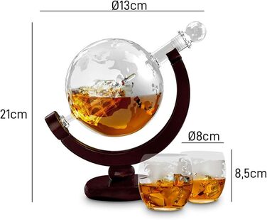 MikaMax - Globus Decanter Set - Whiskey Decanter - with two glasses - Whiskey set - Funnel included - Handcrafted - Transparent - 850 ML - Airtight closure - Men's gift
