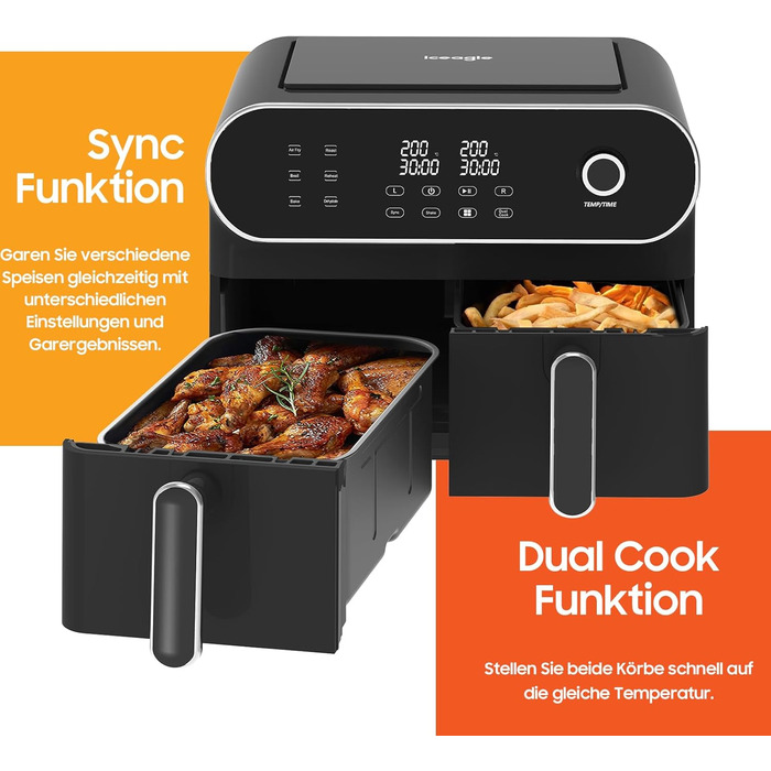 iceagle Hot Air Fryer 2 Chambers Airfryer XXL 11L - 1700 W Hot Air Fryer with 2 Compartments | Dual Zone Hot Air Fryer, 6 Cooking Functions, Touchscreen, Recipe Book Dual Basket 11L