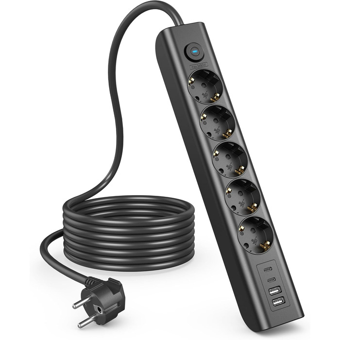 Мережевий фільтр Steckdose 8 в 1 з USB, 3680W, з вимикачем, 16A, 2 USB-C, для смартфонів, ноутбуків, iPad, 1.8M кабель, білий (чорний 5AC)