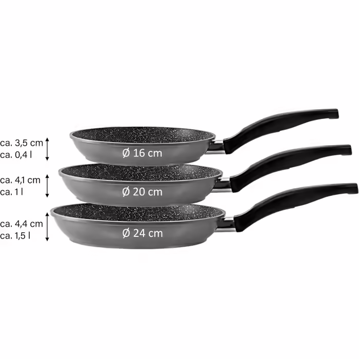 STONELINE 3-piece Frying Pan Set, 16/20/24 cm, Non-stick coated pan with real stone particles, pan suitable for induction and oven use, gray, for oil and fat-free frying