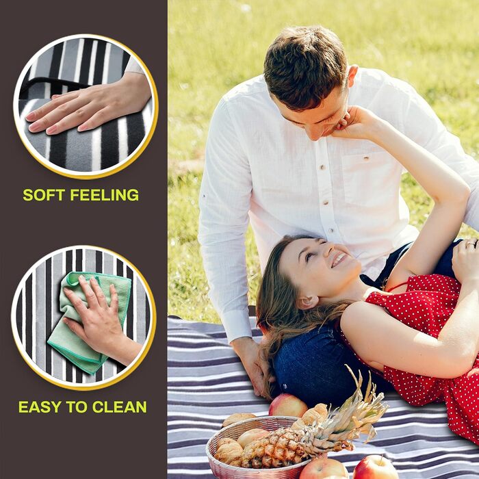 Водонепроникний плед для пікніка 3-шаровий, з флісу, для пляжу, кемпінгу, сімейний, чорно-сірий в клітинку