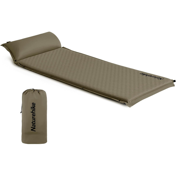 Каремат Naturehike самонадувний з подушкою, комбінований двомісний, ультралегкий, 3 см, армійний зелений, для кемпінгу та подорожей