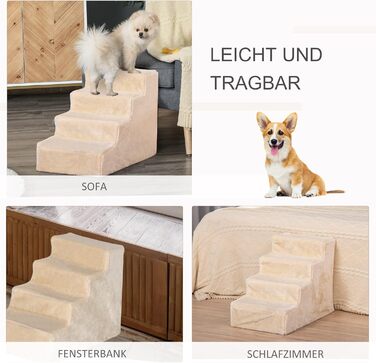 PawHut 4-Step Dog Stairs, 35 cm Cat Stairs for Bed and Sofa, Pet Stairs for Dogs and Cats up to 5 kg, Plush Appearance, Beige