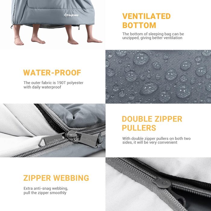 KingCamp Double Sleeping Bag - Winter Adult Sleeping Bag for 2 People with Carry Bag - Outdoor Camping (Gray)
