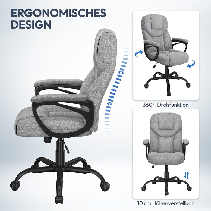 Офісне крісло Yaheetech для офісу та дому: ергономічний, з високою спинкою, регульований, комфортний, з м'яким наповнювачем, функція гойдання (сірий, поліестер)
