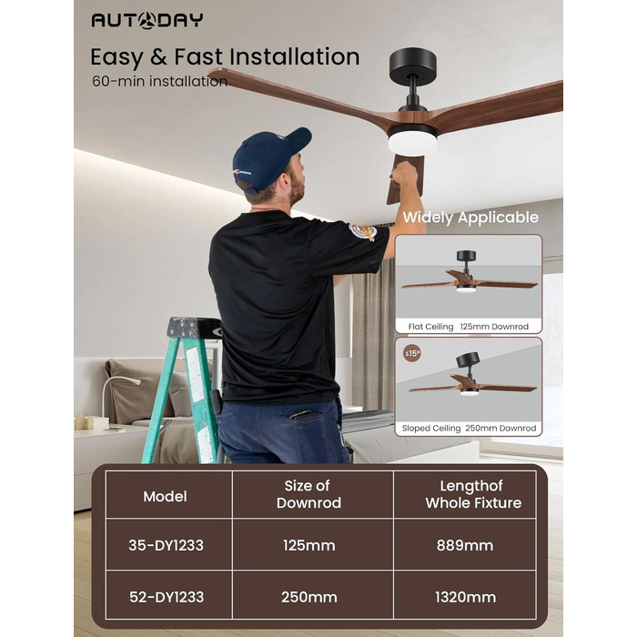 Стеляний вентилятор з дерева з підсвічуванням, 90 см, тихий DC-двигун, 6 швидкостей, пульт з пам'яттю, таймер, 24W LED, регулювання яскравості