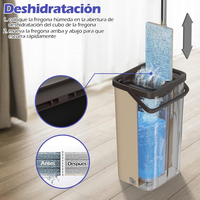 Набір для миття підлоги з відром, 2 в 1, з регульованою ручкою з нержавіючої сталі та 6 мікрофібровими насадками, для плитки та ламінату, сіро-коричневий