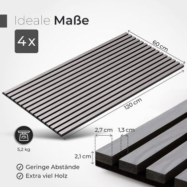 Акустичні панелі з натурального дерева (набір 4 шт) 120x60x2.1 см, шпон груші та чорний акустичний фліс, 3D стінні панелі для шумоізоляції та декору інтер'єру