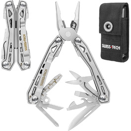 Мультитул Swiss+Tech 16 в 1: мультифункціональний інструмент з нержавіючої сталі з ножем, відкривачкою та кліпсою для ременя. Ідеально для кемпінгу та ремонту. З чохлом (Срібний)