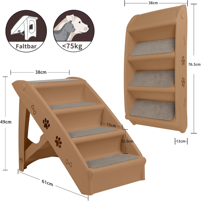 Сходинка для собак та котів SUBTLETY: розкладні сходи з 4 антиковзними сходинками, до 75 кг (колір: коричневий)
