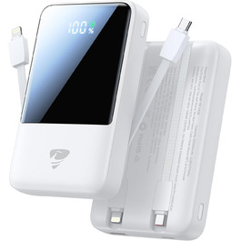 Power Bank 20000mAh з вбудованим кабелем, швидка зарядка 22,5W, USB-C, LED-дисплей, для iPhone 17 16 15 14 13 12 11, білий, 20000mAh