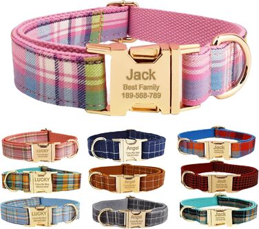 Нашийник для собак з металевою застібкою, двосторонній, з іменем та номером телефону, регульований розмір, M та L (Тартан)