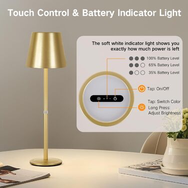 LED настільна лампа OUTON 2 шт. Бездротова, з регулюванням яскравості, 3 режими кольору, USB-C, IP54, 30 годин роботи, для дому та вулиці, чорний/золотий