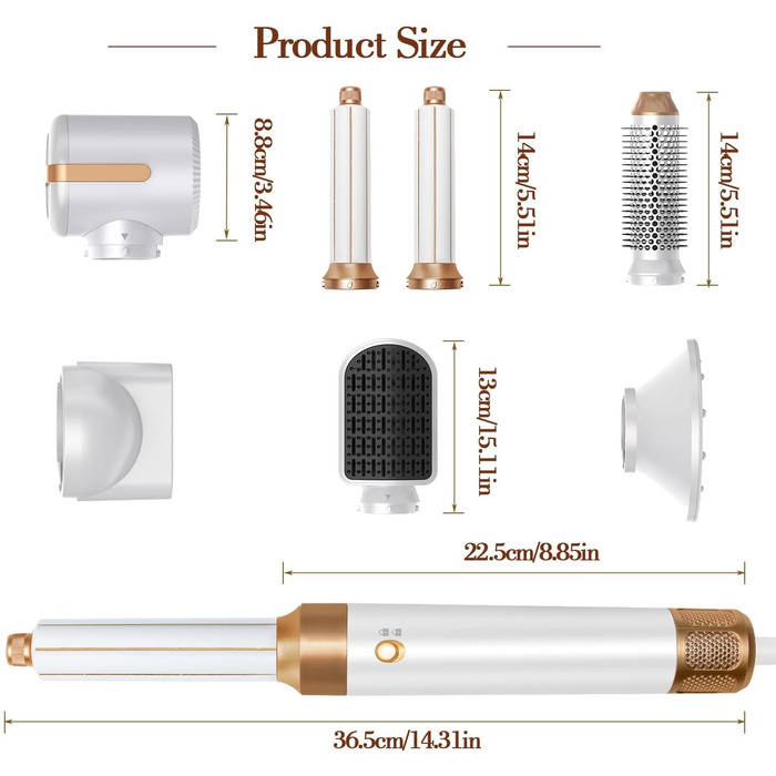 Фен-щітка Air Styler 7 в 1: 7 насадок для укладки волосся, включаючи щітку, плойку, насадку для локонів, диффузор та концентрат, для дому та подорожей (білий)
