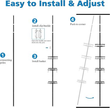 SWOYYU Telescopic Shower Shelf No Drilling Corner Shelf Metal Corner Shelf Bathroom Shelf Adjustable Height with 4 Baskets for Bathtub and Bathroom Rustproof 85-325CM Black