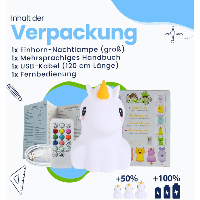 Unicorn Night Light Large – Rechargeable Night Lamp with Tap Function & Remote Control – for Babies and Children – Baby Lamp & Kids Lamp – for Nursery, Children's Room & as a Children's Toy