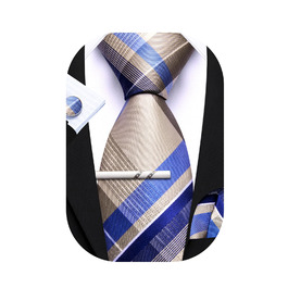 Набір краваток у клітинку Barry.Wang з хустинкою та запонками. Класична смугаста краватка для чоловіків (кремового кольору)