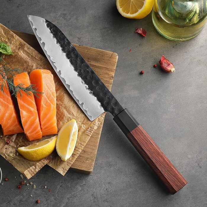 Японський ніж Santoku 18,5 см Hezhen, кухонний, з кованого сталі, з дерев'яною ручкою