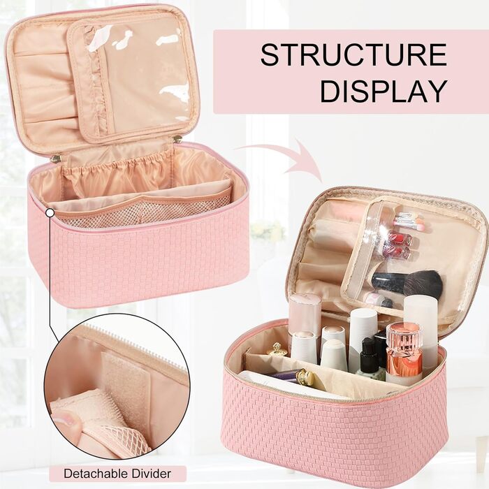 Жіноча косметичка для подорожей, водонепроникна, з відділенням для пензлів, з PU шкіри, велика, органайзер, сумка для макіяжу (Хвилястий зелений) (Світло-рожевий)