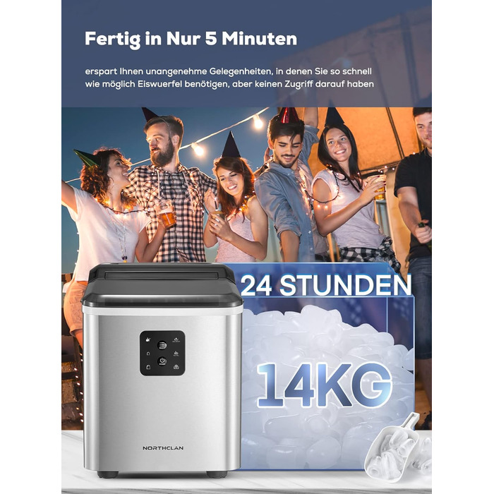 NORTHCLAN Stainless Steel Ice Maker - 14kg Capacity, 2 Sizes, Self-Cleaning, Fast Ice Production, LED Display, 2L Tank, Includes Scoop & Basket