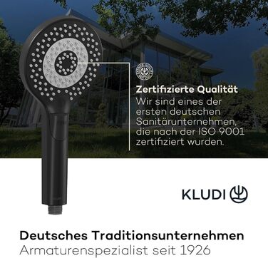KLUDI-X3 Universal Shower Head with Hose, Shower Spray Optional - Water-Saving with 3 Spray Patterns (Body, Hair, Skin), Easy-to-Clean Shower Head Ø 11.7 cm, Shower Hose 1.60 m (3 Spray Patterns, Matte Black)