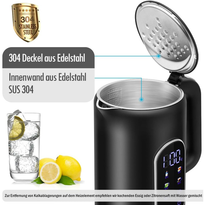 Електричний чайник ForMe з нержавіючої сталі, 1.7 л, регулювання температури 40-100°C, LED дисплей, функція підтримання тепла, BPA Free