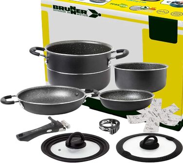 Набір посуду для кемпінгу BRUNNER Alu (каструлі та сковорідки) - 7+1, Vakublock, для 4 осіб, з антипригарним покриттям, легкий, високоякісний, складаний, діаметр 22 см