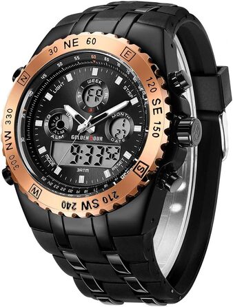 Чоловічий військовий годинник: цифрові та аналогові функції, водонепроникність, дата, будильник, світіння, секундомір. Великий годинник для чоловіків (Rose Gold B)