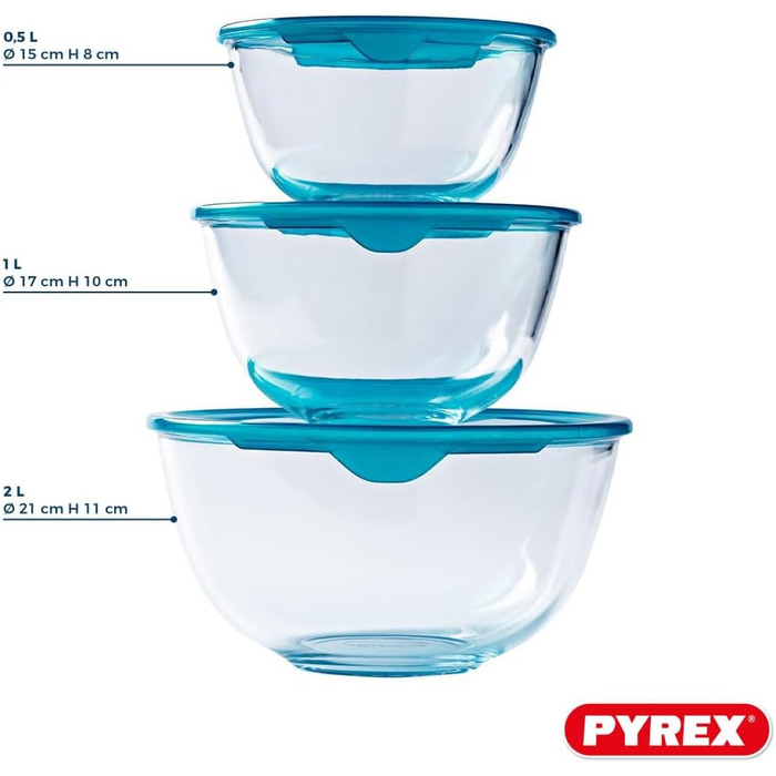 Pyrex® Prep & Store Glass Bowls with Lids, durable, 0.5 l, 1 l, 2 l, BPA-free, set of 3