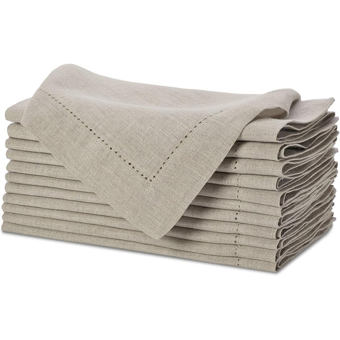 Sweet Needle Linen Napkins, Set of 12, Hemstitch Napkins, Natural Colors, 50x50cm, 100% European Washable Linen Napkins. Ideal for kitchen, Christmas, wedding, restaurant, and everyday use.